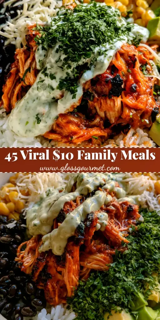 A close-up of a vibrant healthy family dinners bowl featuring tomato-chili shredded chicken, basmati rice, avocado, and black beans.