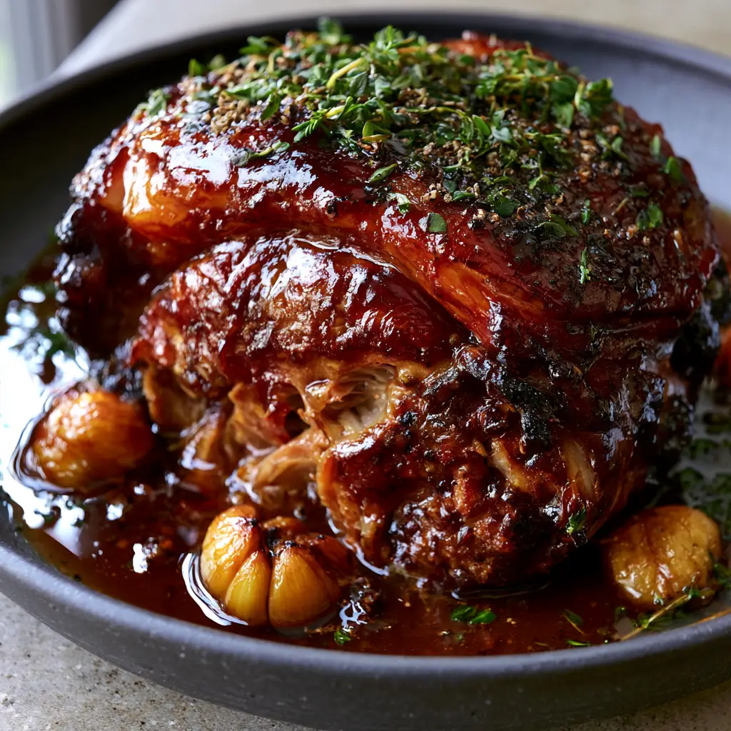 Slow Cooker Brown Sugar Garlic Pork Roast with Mahogany Glaze 1 A mahogany-glazed slow cooker pork shoulder roast resting in a rustic ceramic dish with fresh thyme.