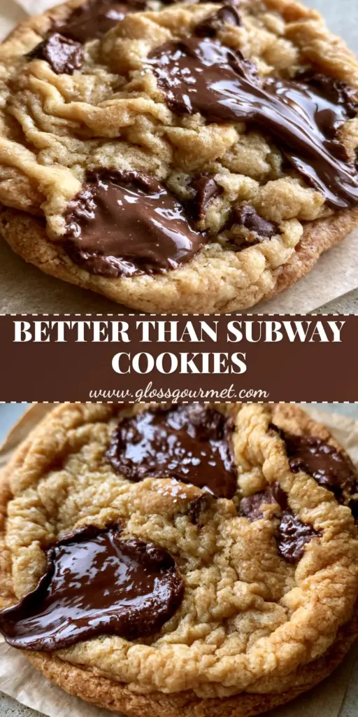 A close-up of a soft and chewy copycat subway cookie with melted chocolate pools and sea salt on crumpled parchment paper.