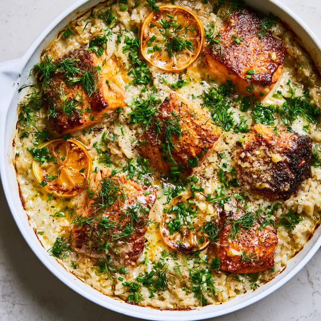 Salmon Rice Casserole with Garlic Butter and Crispy Skin 1 A white ceramic skillet filled with creamy garlic butter rice and seared salmon garnish with dill.