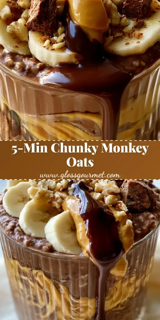 Chunky Monkey Overnight Oats with Dark Chocolate and Peanut Butter 3 A close-up vertical shot of Chunky Monkey Overnight Oats in a glass tumbler with visible peanut butter swirls, banana slices, and chocolate drizzle.
