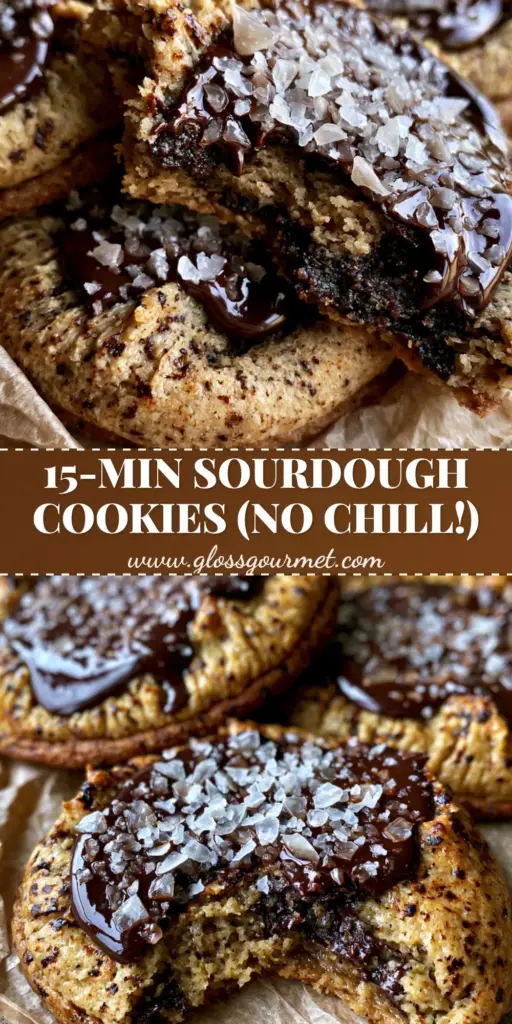 A stack of Brown Butter Sourdough Discard Chocolate Chip Cookies featuring melted chocolate pools and sea salt flakes on parchment paper.