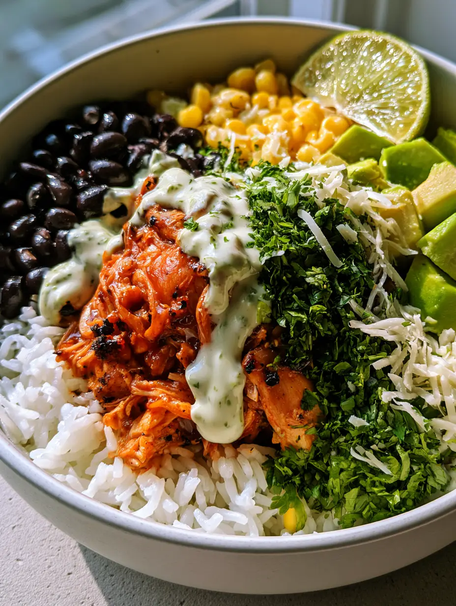 Close-up handheld photo of steaming white basmati rice topped with glazed chicken and cilantro-lime crema (healthy family dinners).