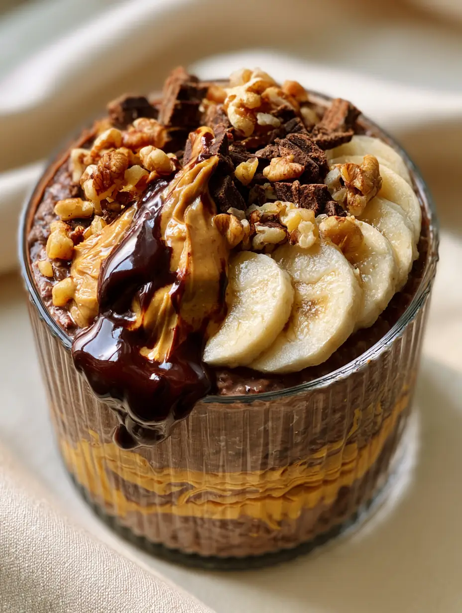Chunky Monkey Overnight Oats with Dark Chocolate and Peanut Butter 4 A handheld smartphone photo of Chunky Monkey Overnight Oats featuring a chocolate banana oat base and dark chocolate chunks.