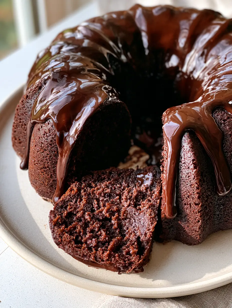 Close-up high-angle shot of a chocolate bundt cake showing the mirror-like ganache glaze and fluted ridges. (chocolate bundt cake)