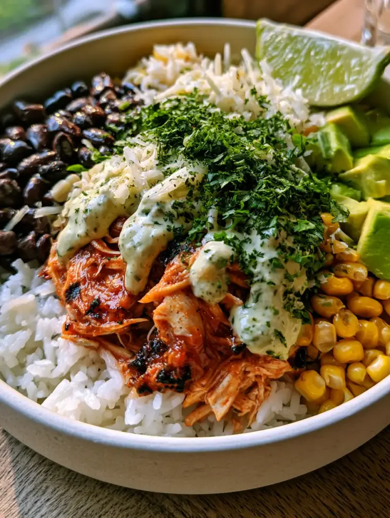 A vibrant ceramic bowl filled with cubed avocado, golden corn, and shredded chicken for healthy family dinners.