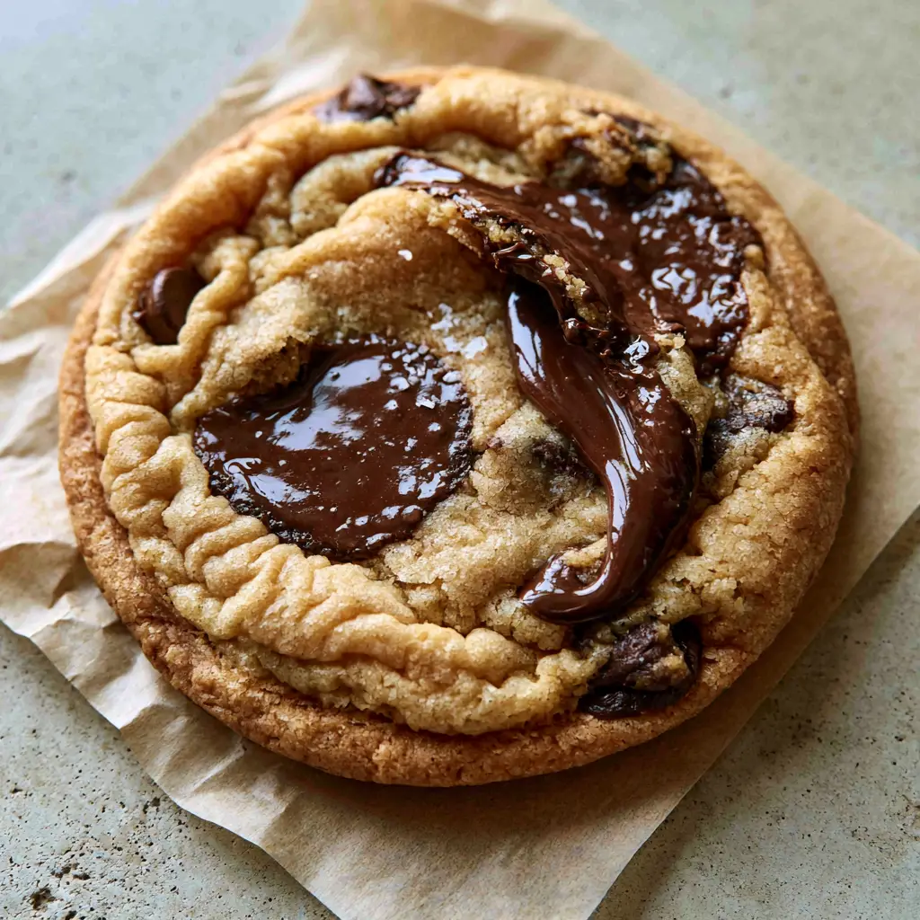 A close-up of melted semi-sweet chocolate pools on a wrinkled, golden-tan cookie surface.