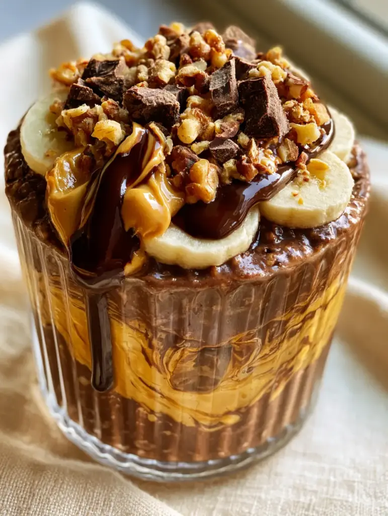 Chunky Monkey Overnight Oats with Dark Chocolate and Peanut Butter 1 Top view of Chunky Monkey Overnight Oats showing fresh banana slices, walnuts, and a thick chocolate sauce drip.