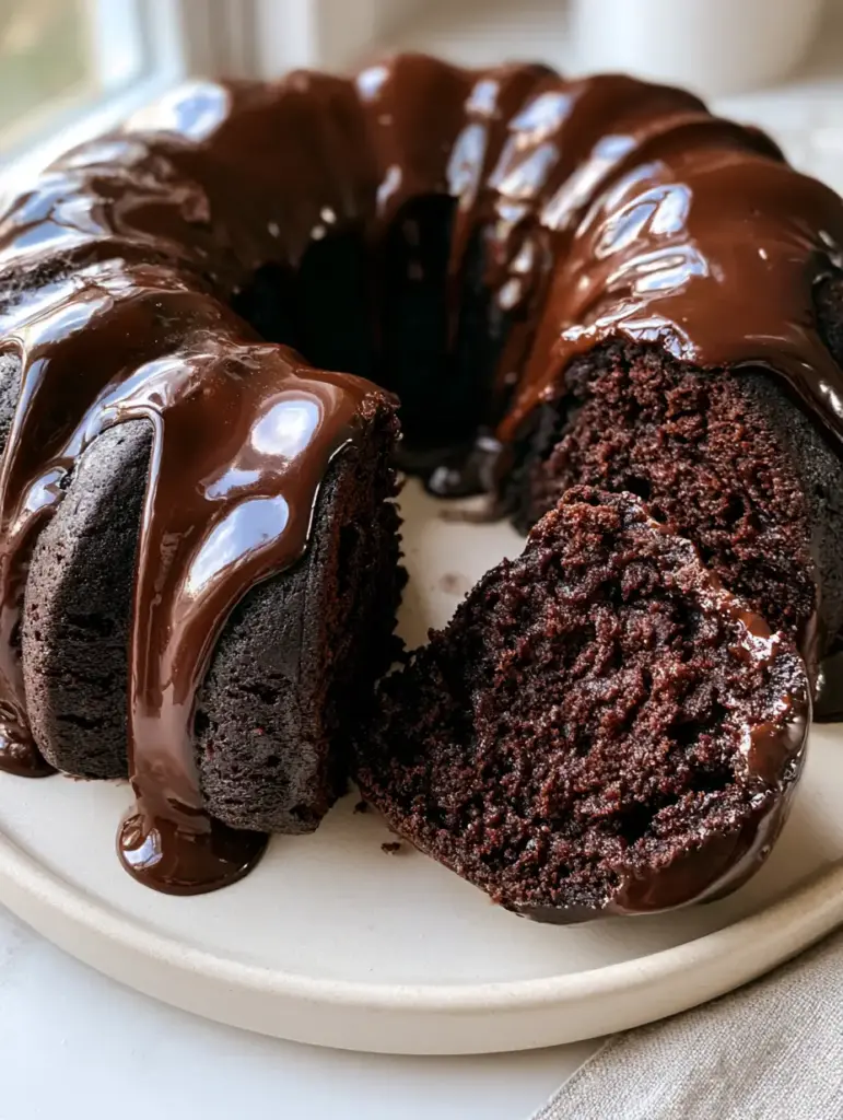 A slice removed from a dark cocoa chocolate bundt cake revealing an insanely moist and fudgy interior crumb.