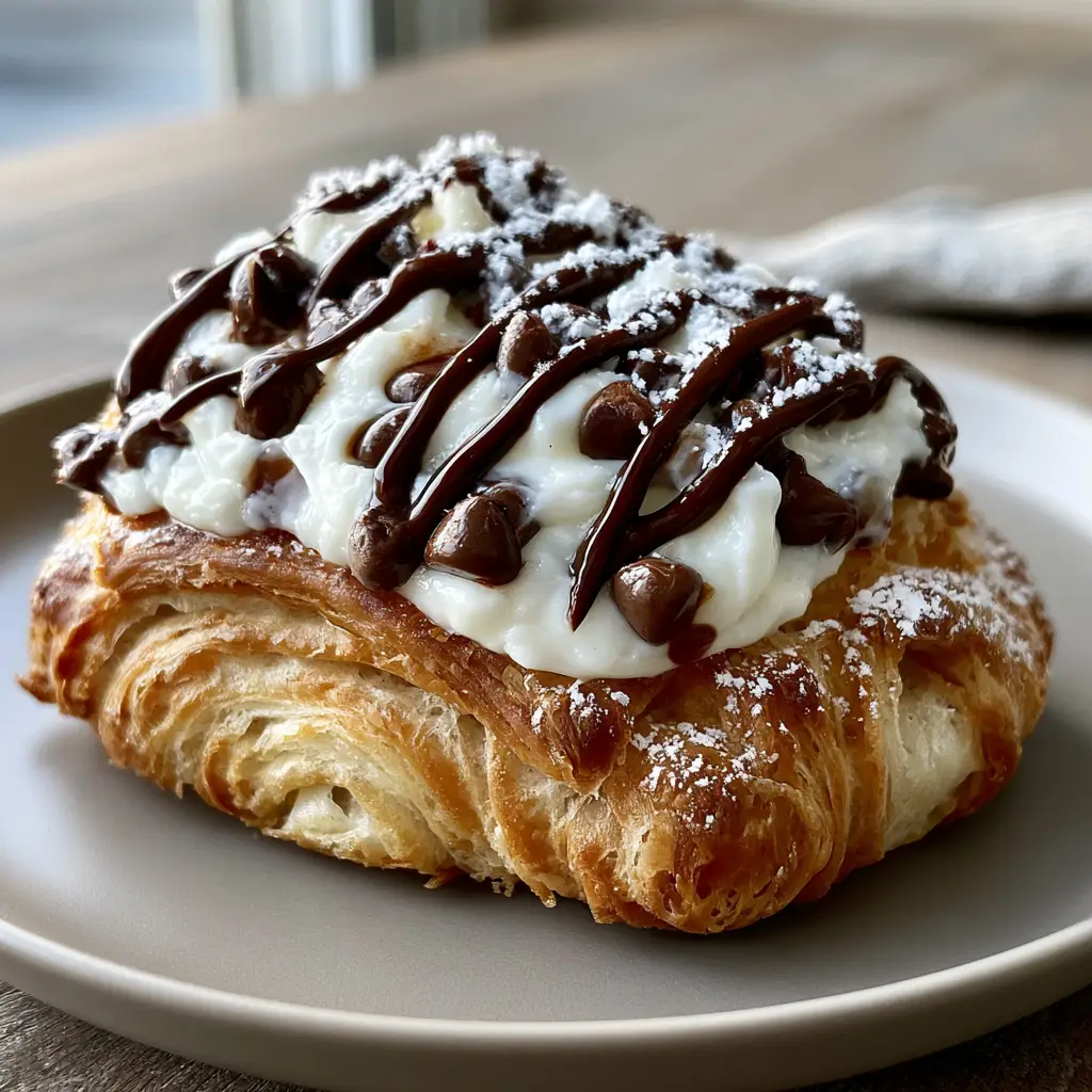 Top view of a pillowy cream cheese center studded with glistening melted chocolate chips. (chocolate cream cheese danish)