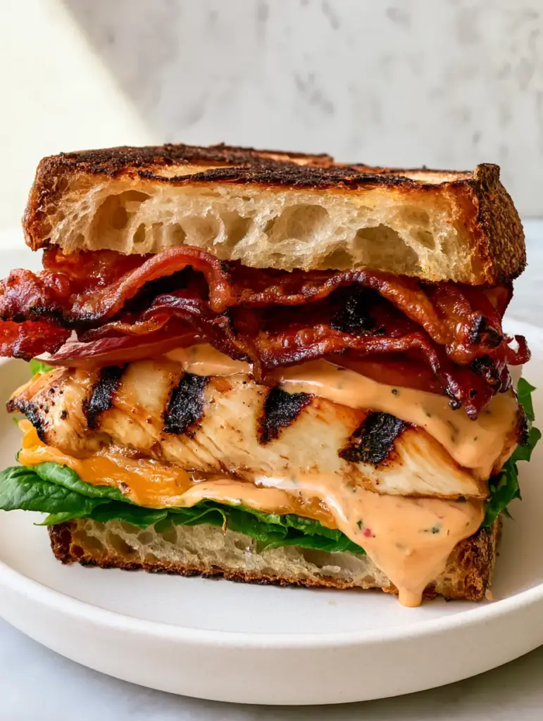 Chicken Club Sandwich: The Ultimate Gourmet Sourdough Guide 2 Extreme close-up cross-section of a gourmet Chicken Club Sandwich showing airy sourdough pockets, char-marked chicken, and heirloom tomatoes.