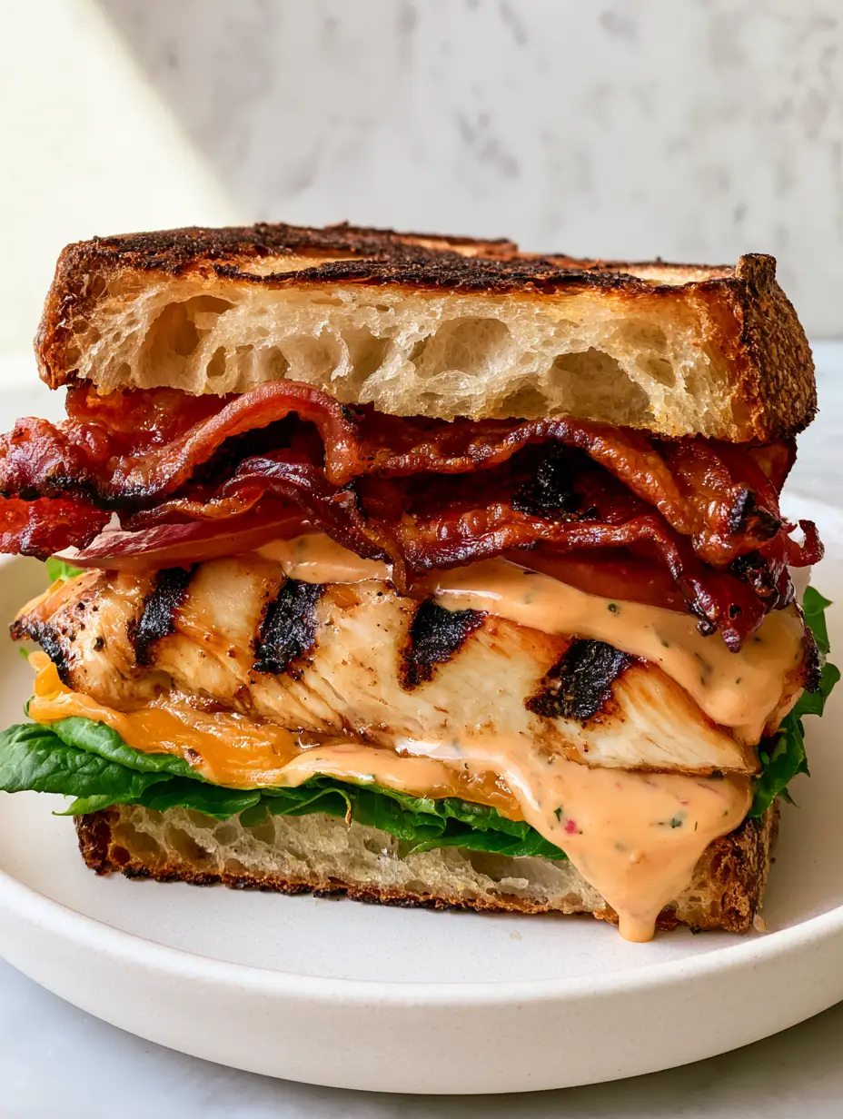 Chicken Club Sandwich: The Ultimate Gourmet Sourdough Guide 3 Extreme close-up cross-section of a gourmet Chicken Club Sandwich showing airy sourdough pockets, char-marked chicken, and heirloom tomatoes.