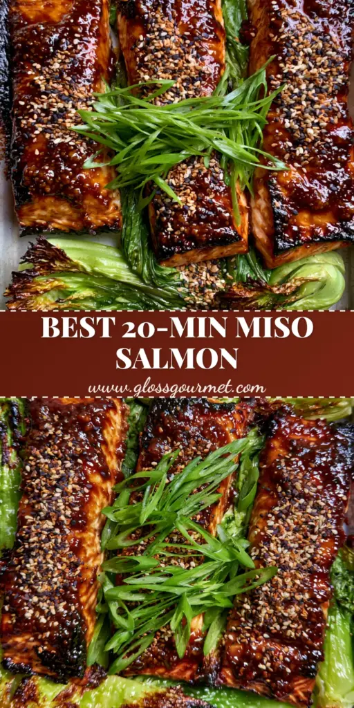 A top-down sheet pan shot of three mahogany-glazed baked miso salmon fillets with charred baby bok choy, garnished with toasted sesame seeds and scallions.