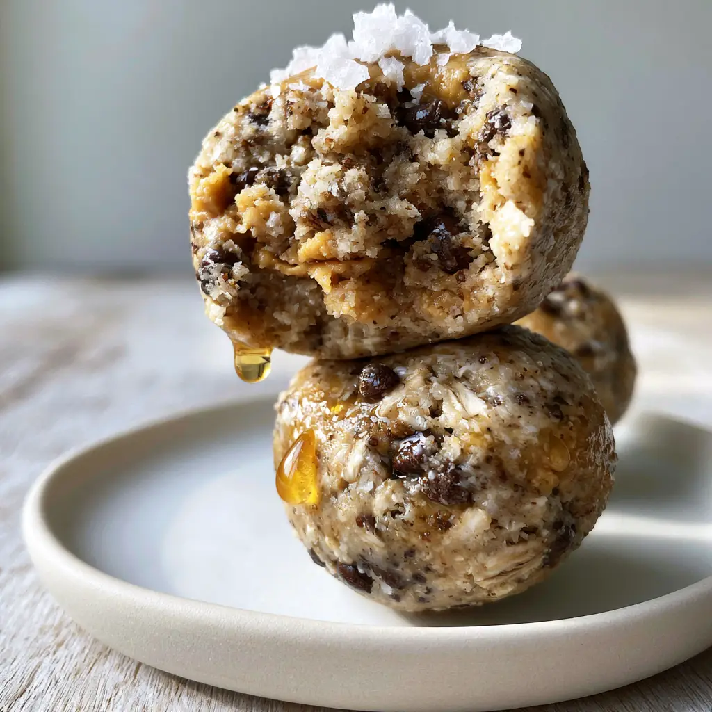 Healthy Protein Snacks: Easy No-Bake Peanut Butter Oat Balls 2 Macro close-up of healthy protein snacks showing rolled oats, chocolate chips, and a honey drip.