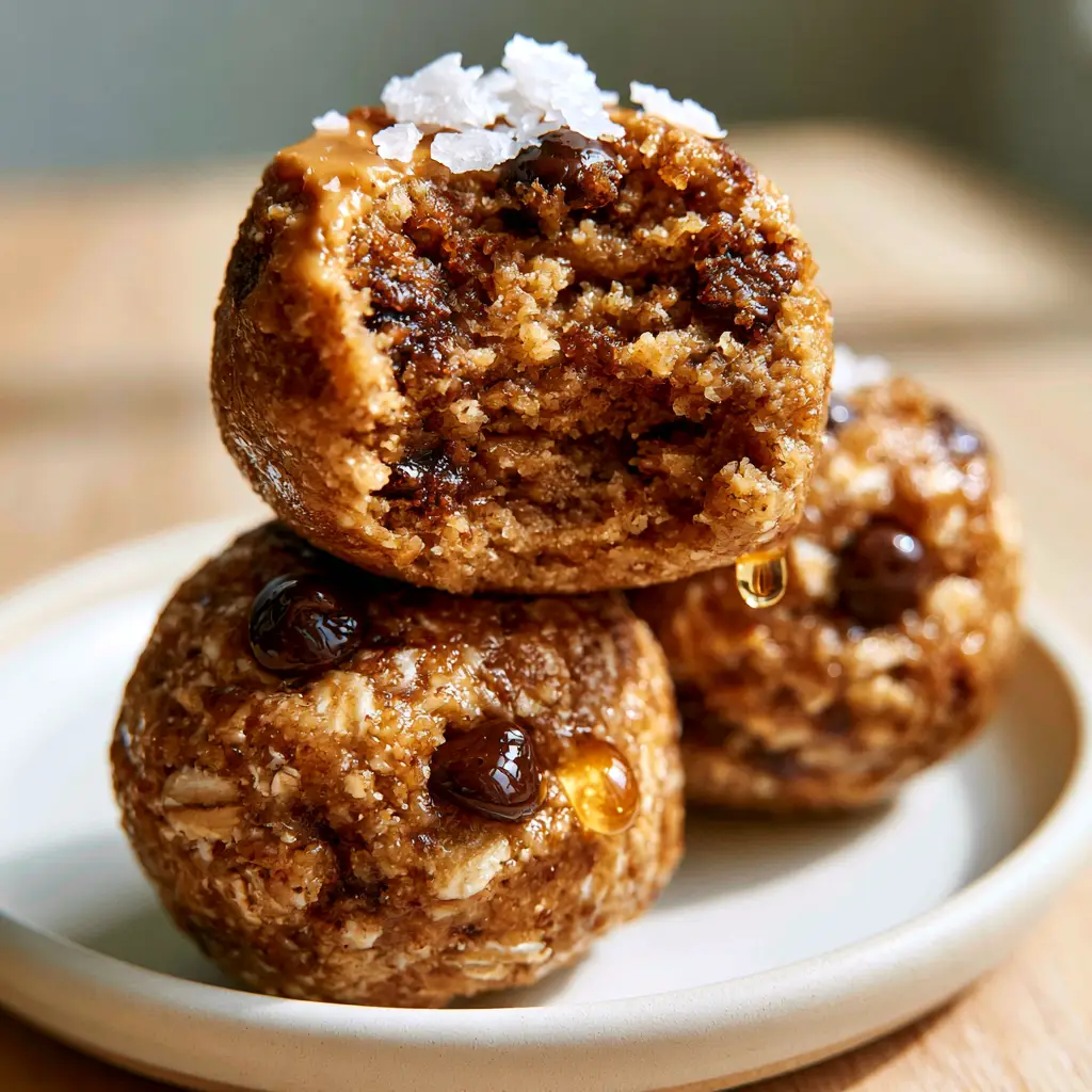 Healthy Protein Snacks: Easy No-Bake Peanut Butter Oat Balls 1 Extreme close-up of three no-bake oat balls with flaky sea salt crystals on a minimalist plate.