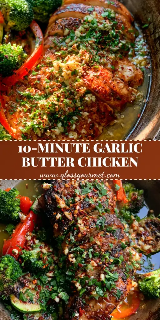 A cast iron skillet filled with sliced seared chicken, vibrant broccoli, red peppers, and zucchini half-moons in a garlic butter sauce. (Recipe Ideas)