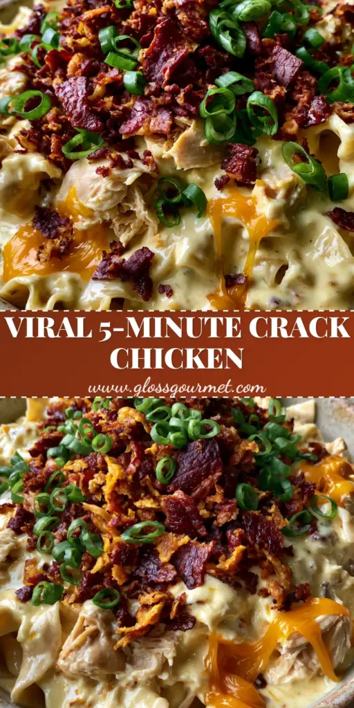 A rustic bowl overflowing with Crack Chicken and Noodles, topped with a mountain of crispy bacon and sliced green scallions.