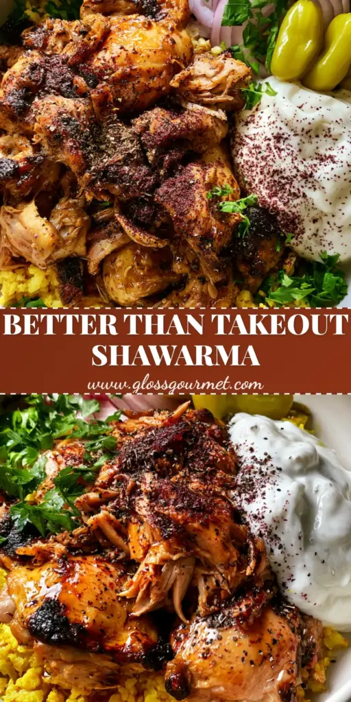 A top-down photo of slow cooker chicken shawarma with charred edges served over yellow turmeric cauliflower rice and topped with garlic sauce and red sumac.