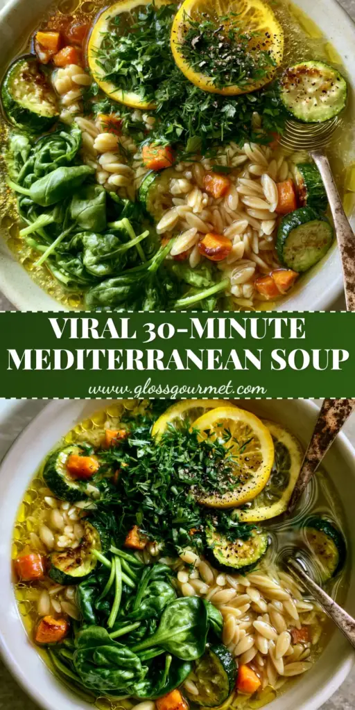 Vegetable Orzo Soup with Lemon and Fresh Dill 4 A rustic white bowl of vegetable orzo soup with clear golden broth, seared zucchini, and lemon wheels on a stone background.