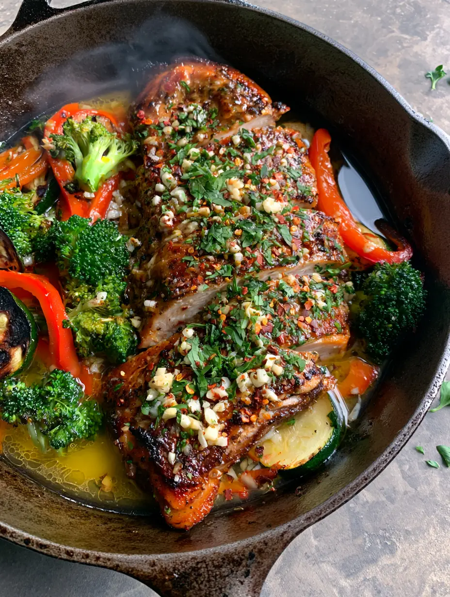 Top-down view of golden seared chicken breast slices glistening with melted garlic butter and fresh herbs. (Recipe Ideas)
