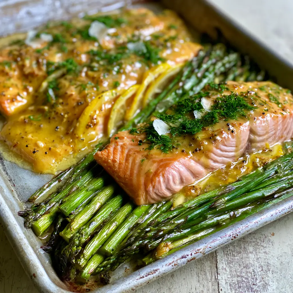 Baked Dijon Salmon with Blistered Asparagus and Caramelized Lemon 1 Detailed shot of caramelized lemon slices and minced garlic bits in the Baked Dijon Salmon glaze.