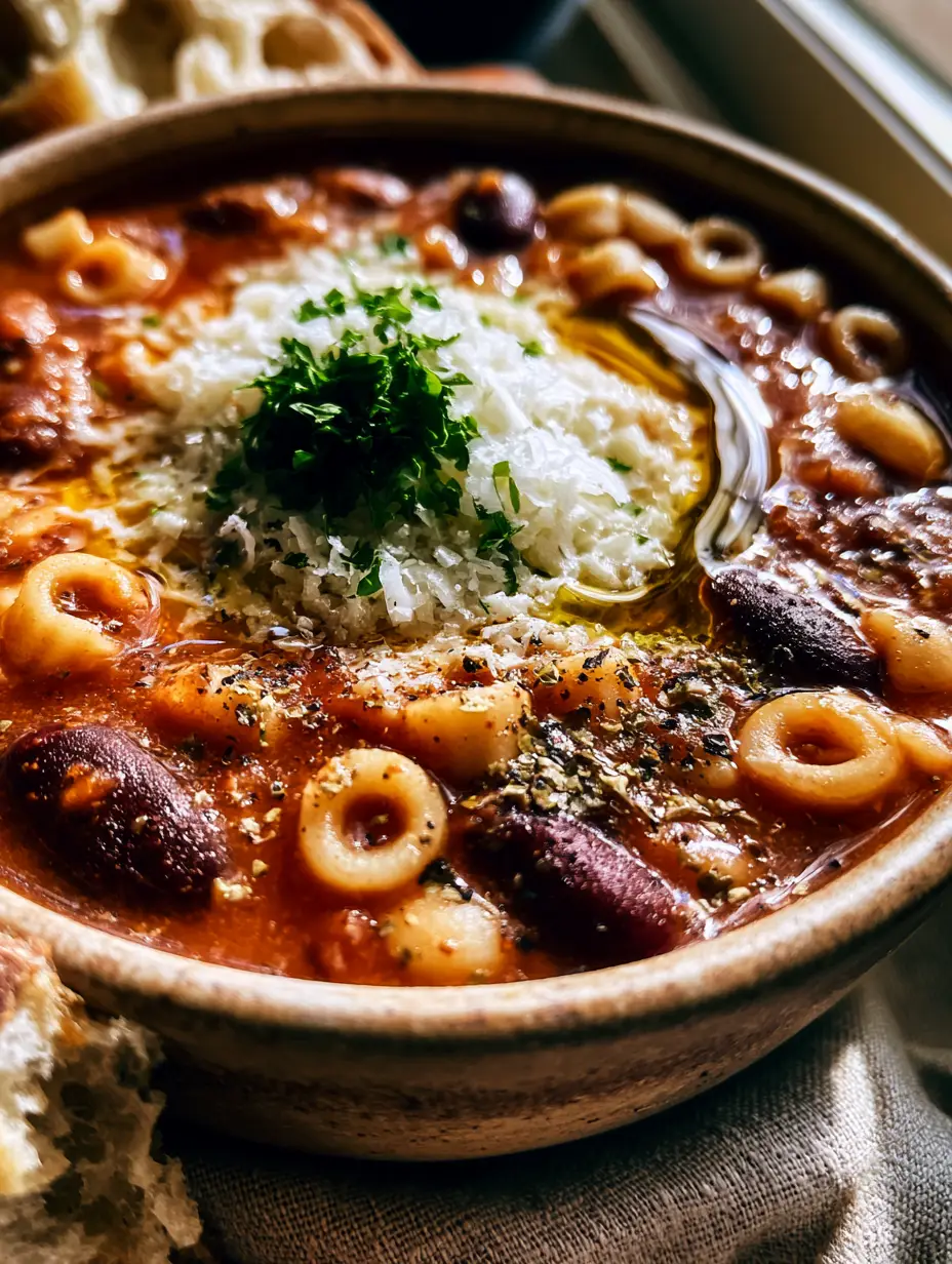 Macro shot of Pasta Fagioli Soup showing al dente ditalini pasta, dark kidney beans, and creamy cannellini beans in a rich tomato broth.