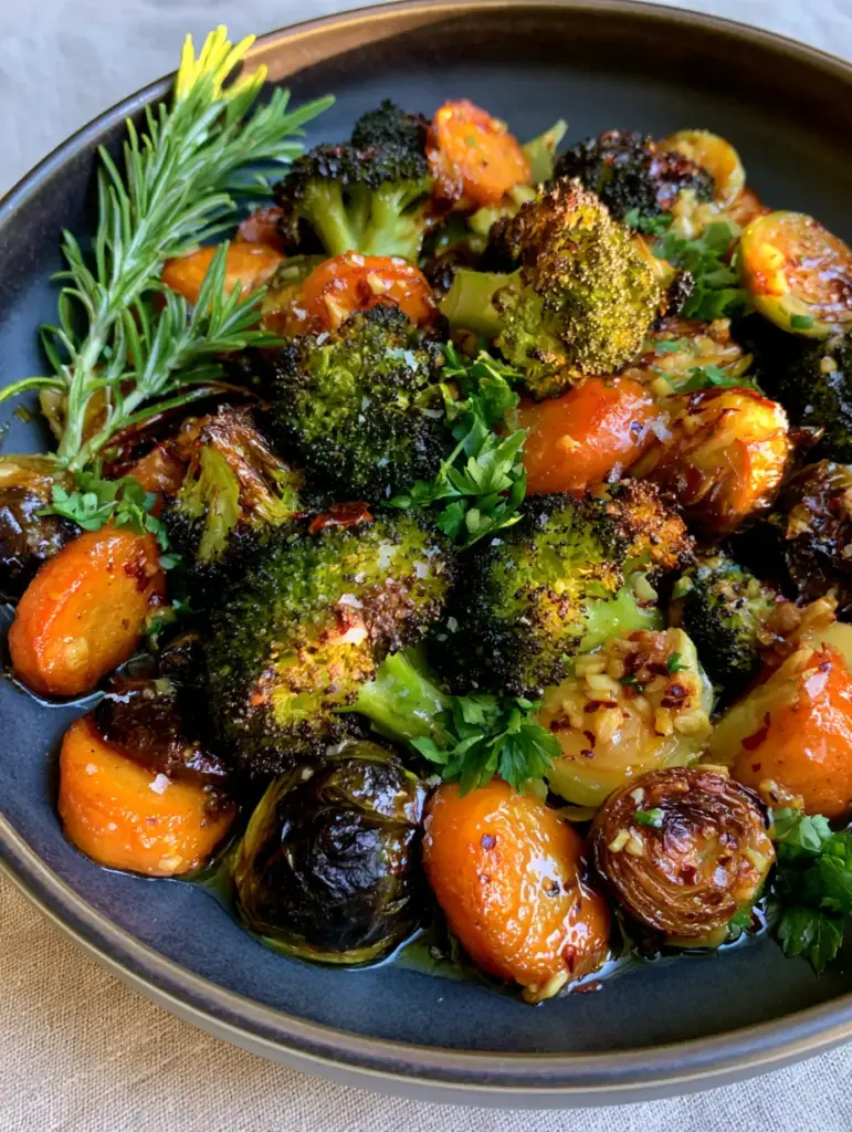 Vegetable Side Dishes: The Ultimate Garlic-Roasted Skillet Medley 2 Close up of charred broccoli florets and caramelized carrot rounds, a staple among vegetable side dishes.