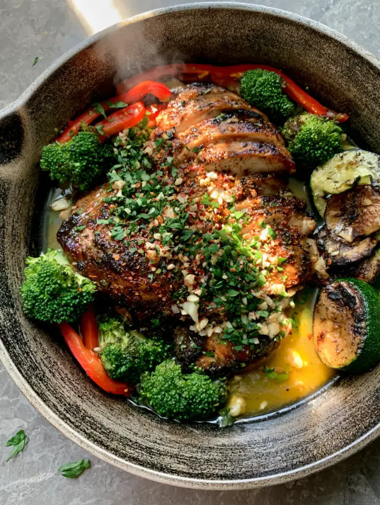 A colorful medley of charred zucchini, blistered red peppers, and bright green broccoli in a skillet. (Recipe Ideas)
