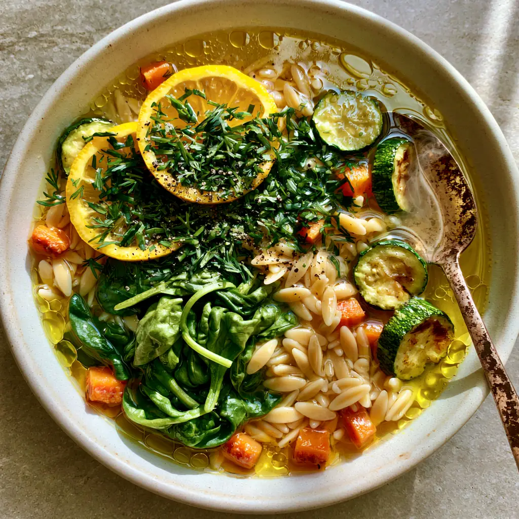 Vegetable Orzo Soup with Lemon and Fresh Dill 2 Close up shot of vegetable orzo soup showing ivory orzo pearls and shimmering oil droplets on golden broth.