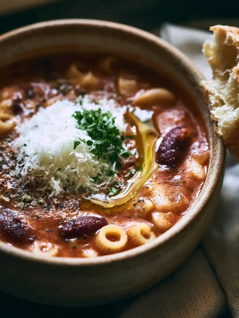 Close-up of Pasta Fagioli Soup garnished with freshly grated parmesan cheese, fresh parsley, and cracked black pepper.