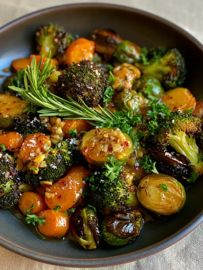 Vegetable Side Dishes: The Ultimate Garlic-Roasted Skillet Medley 1 Roasted sweet potato cubes and blistered Brussels sprouts drizzled with garlic-herb oil.