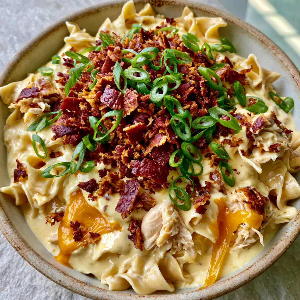 A top down view of a ceramic bowl filled with Crack Chicken and Noodles with vibrant green onions and cracked black pepper.