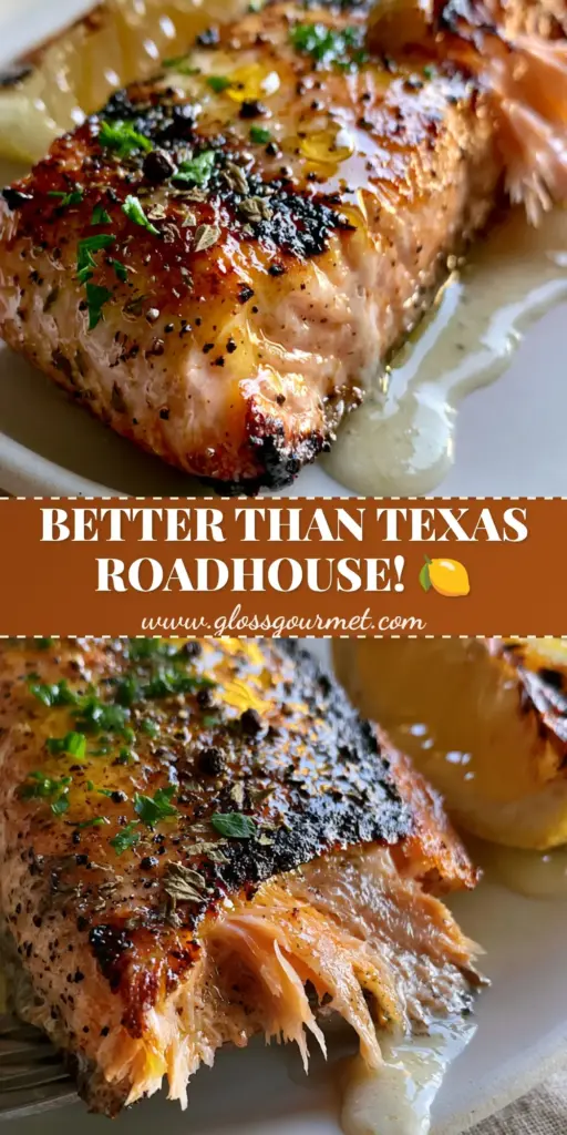 A close-up of Texas Roadhouse Style Baked Salmon with a golden lemon herb butter crust and thick cream sauce on a white plate.