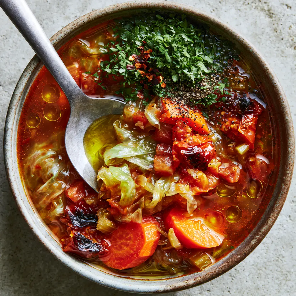 A heavy silver spoon submerged in a rustic bowl of cabbage soup, lifting a generous portion of carrots and cabbage.