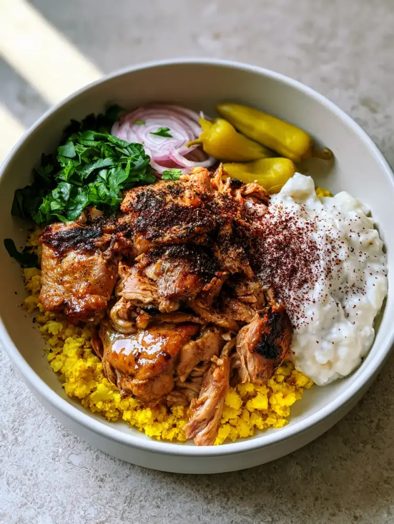 Slow cooker chicken shawarma served in a white ceramic bowl with vibrant green pepperoncini and red onions.