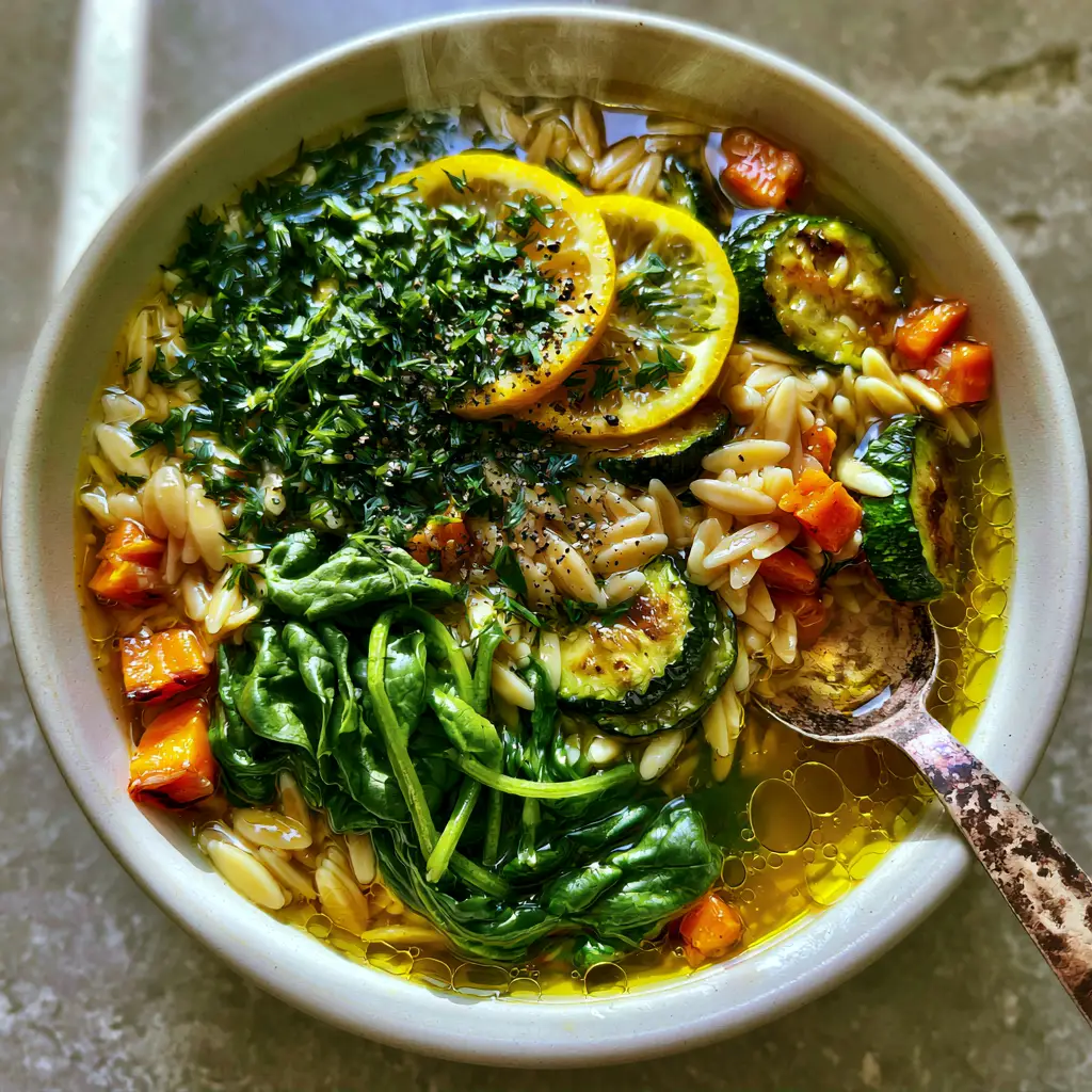 Vegetable Orzo Soup with Lemon and Fresh Dill 1 Spoon resting in a bowl of vegetable orzo soup with wilted spinach and seared zucchini half-moons.