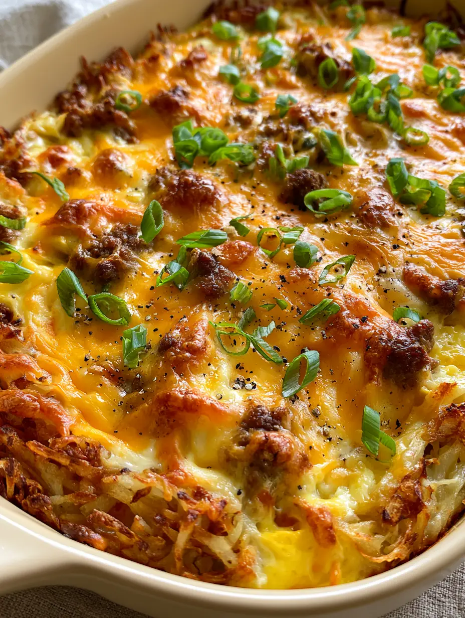 Top-down angled view of a cheesy hashbrown egg casserole featuring crumbled sausage and golden hashbrowns.