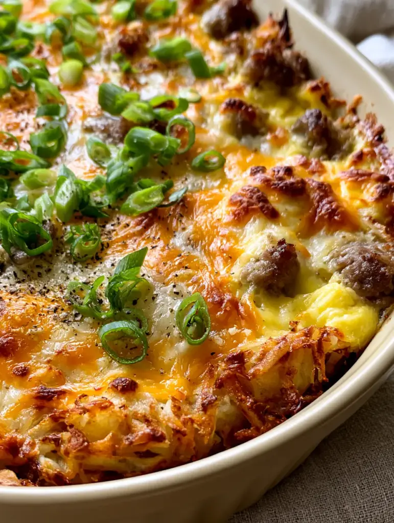 Cross-section detail of a hashbrown egg casserole showing the fluffy egg custard and crispy potato base.