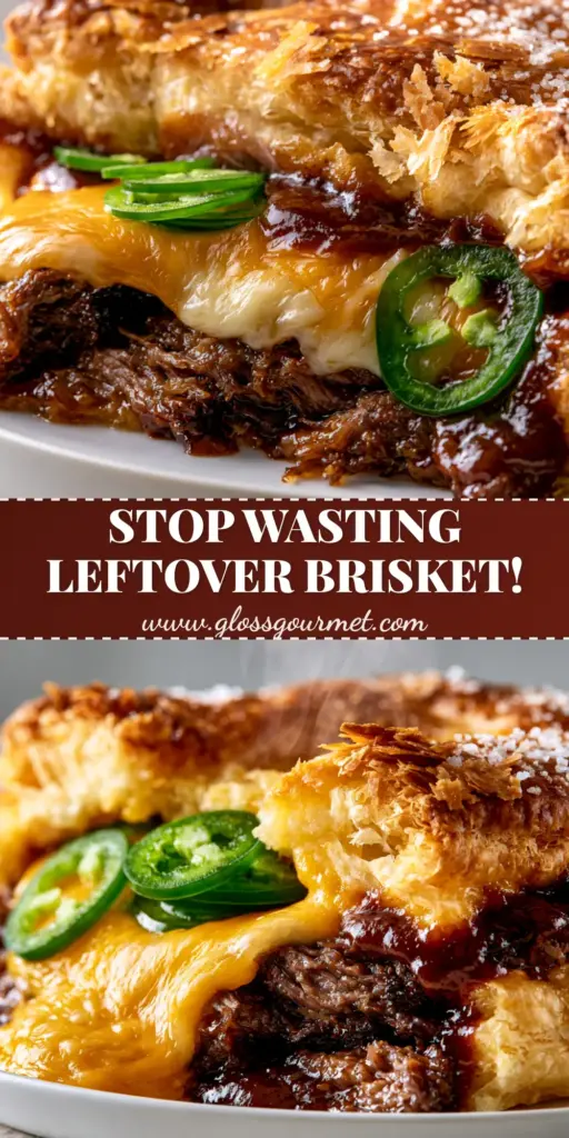 Vertical shot of a Spicy Brisket Jalapeño Pie with shattered golden puff pastry and melted cheddar.