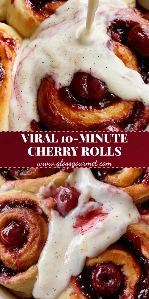 A close-up shot of fluffy Cherry Cinnamon Rolls in a ceramic dish, featuring thick white frosting and glossy red cherry filling with whole cherries.