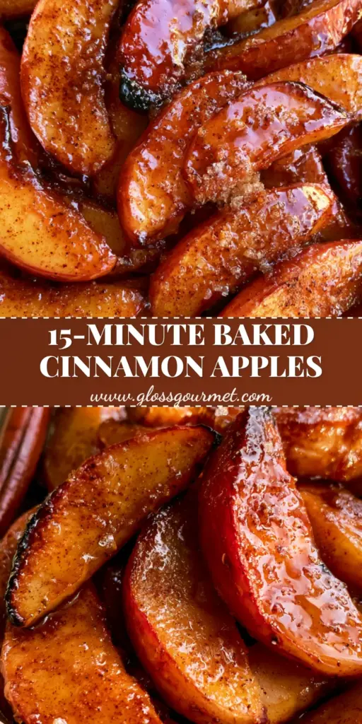 A tall vertical shot of the Baked Cinnamon Apple Slices recipe in a ceramic dish with bubbling glaze and fresh thyme.
