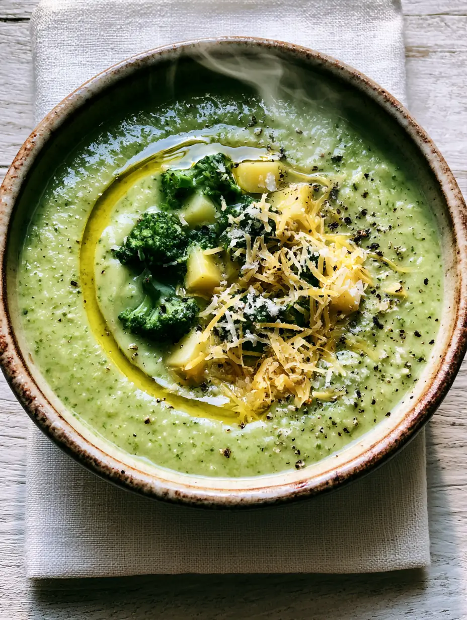 Rustic bowl of broccoli potato soup with visible steam and vibrant green florets. (broccoli potato soup)