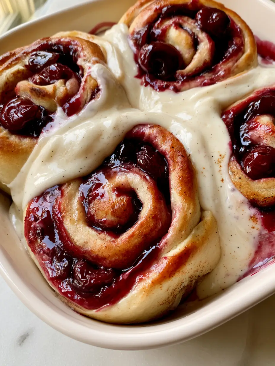 Top-down macro photo of golden-brown Cherry Cinnamon Rolls spiraled with dark red cherry filling and melting cream cheese frosting.