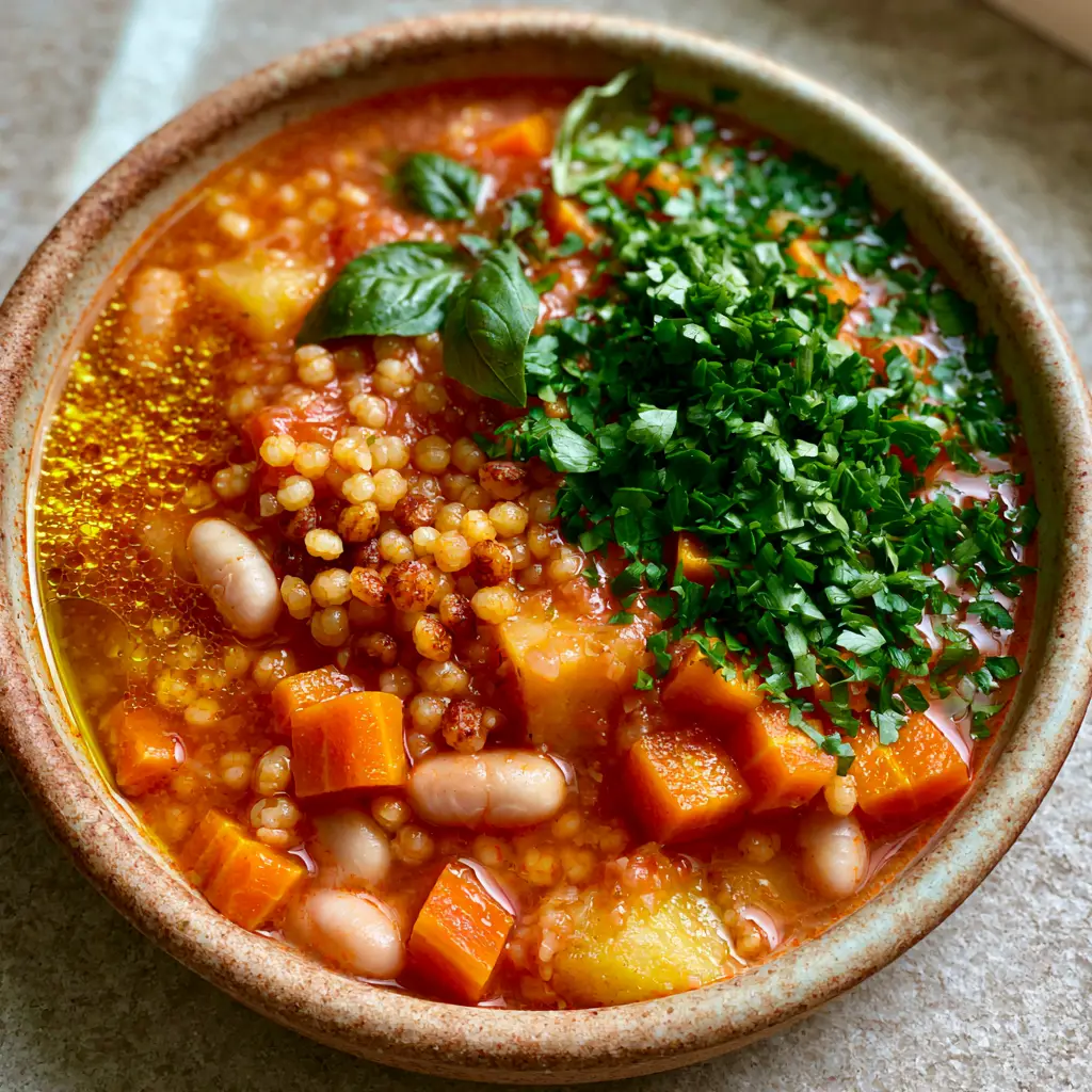 Sardinian Minestrone Soup: The Secret to Longevity in a Bowl 2 Close-up of Sardinian Minestrone Soup showing tender carrots, potatoes, and golden fregola pearls.