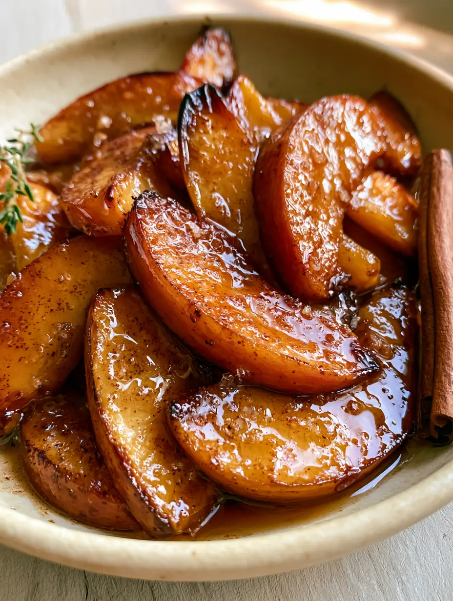 A close-up handheld smartphone photo of tender Baked Cinnamon Apple Slices recipe wedges with deep red skins and bubbling amber glaze.