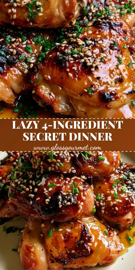 A top-down view of blistered crispy chicken thighs with a honey garlic glaze on a matte cream plate. (easy 4 ingredient recipe)