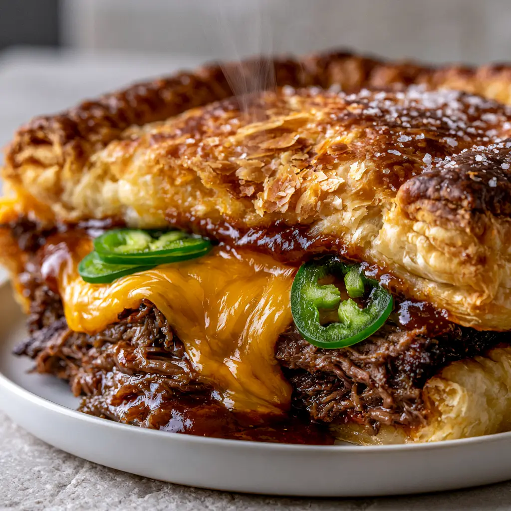 Close up of Spicy Brisket Jalapeño Pie with fresh green jalapeño slices embedded in bubbling sharp cheddar cheese.