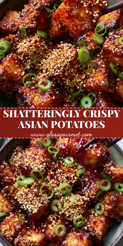 A close-up shot of crispy Asian potatoes with a glistening gochujang glaze, sesame seeds, and green scallions in a dark bowl.
