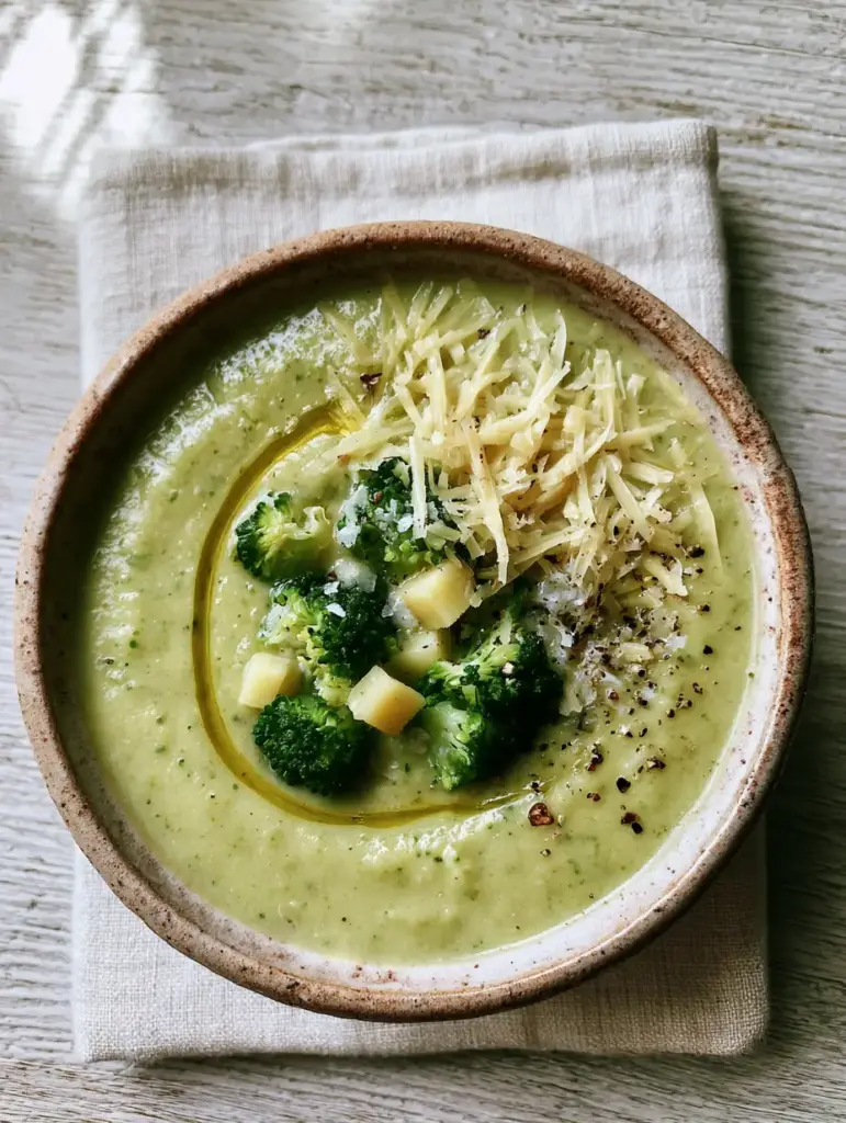 Extreme close up of melted cheddar cheese and olive oil swirl on broccoli potato soup.