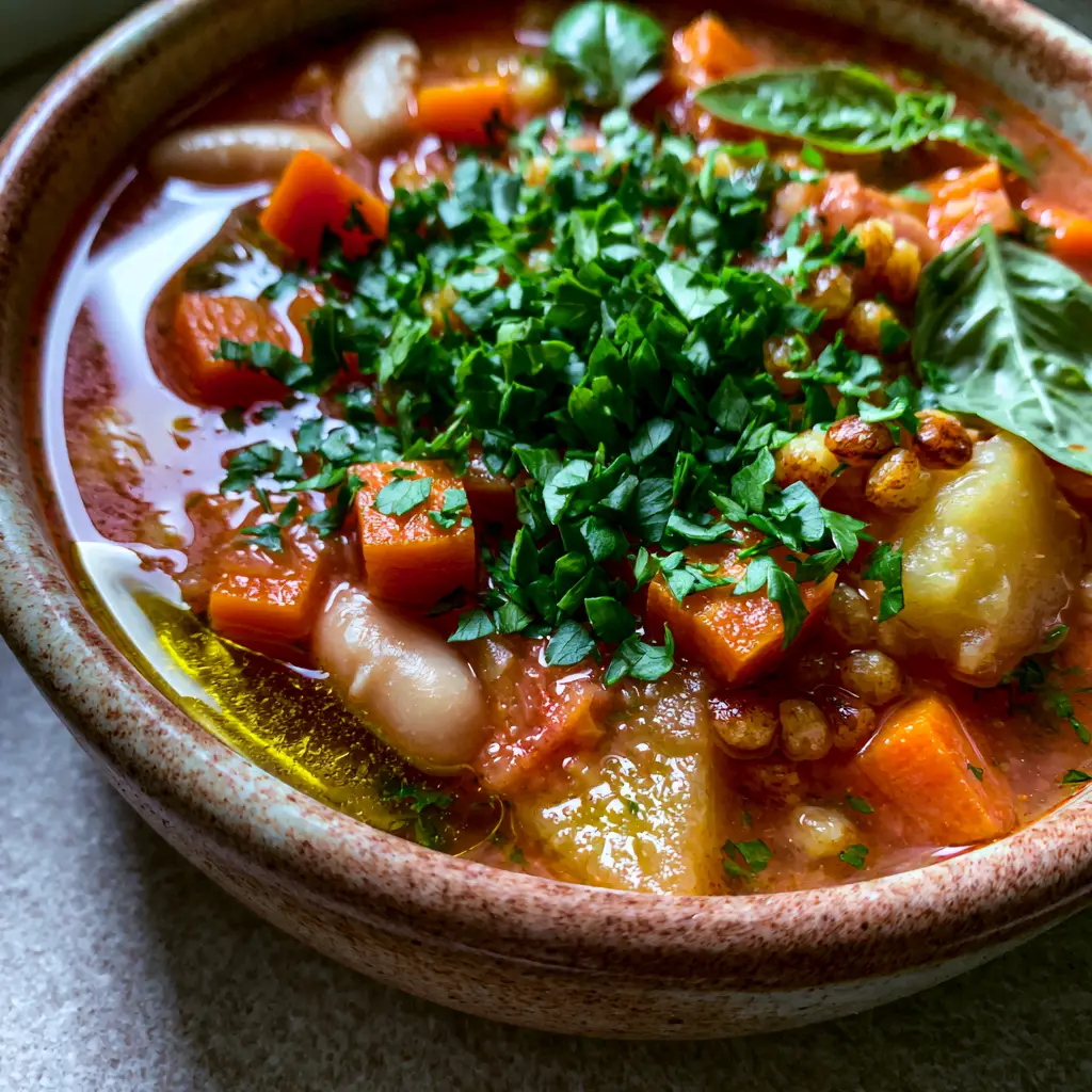 Sardinian Minestrone Soup: The Secret to Longevity in a Bowl 1 Sardinian Minestrone Soup garnished with fresh parsley and basil leaves in a ceramic bowl.